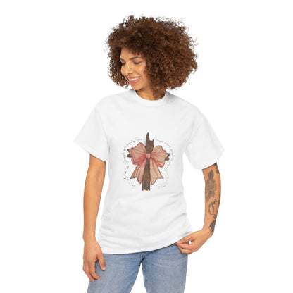 Inspirational Women's Heavy Cotton T-Shirt with Floral Bow Design