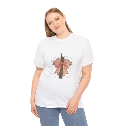 Inspirational Women's Heavy Cotton T-Shirt with Floral Bow Design